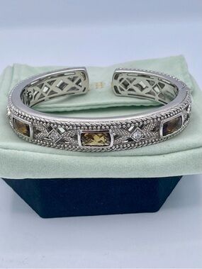 Judith Ripka Sterling Silver 925 Citrine CZ Hinged Cuff Bracelet Heavy 50.3g  7”